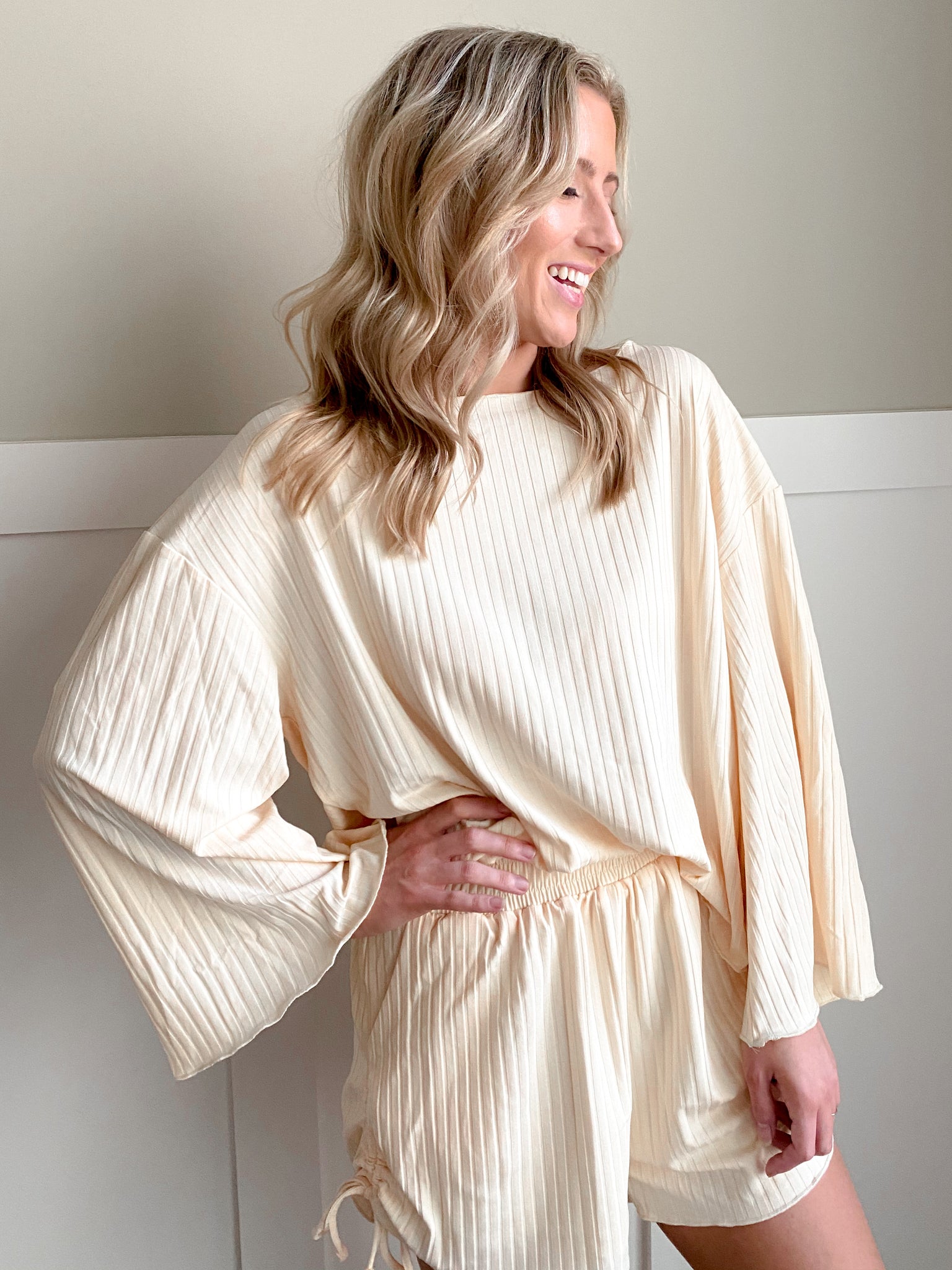 Women's Ribbed Long Sleeve Lounge Shirt Featuring a Boat Neckline and Bell Sleeves