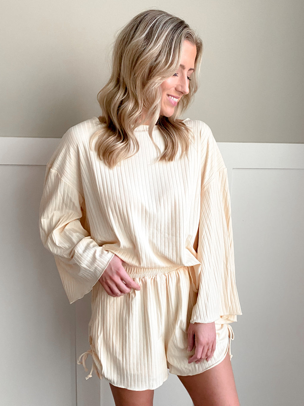 Women's Ribbed Long Sleeve Lounge Shirt Featuring a Boat Neckline and Bell Sleeves