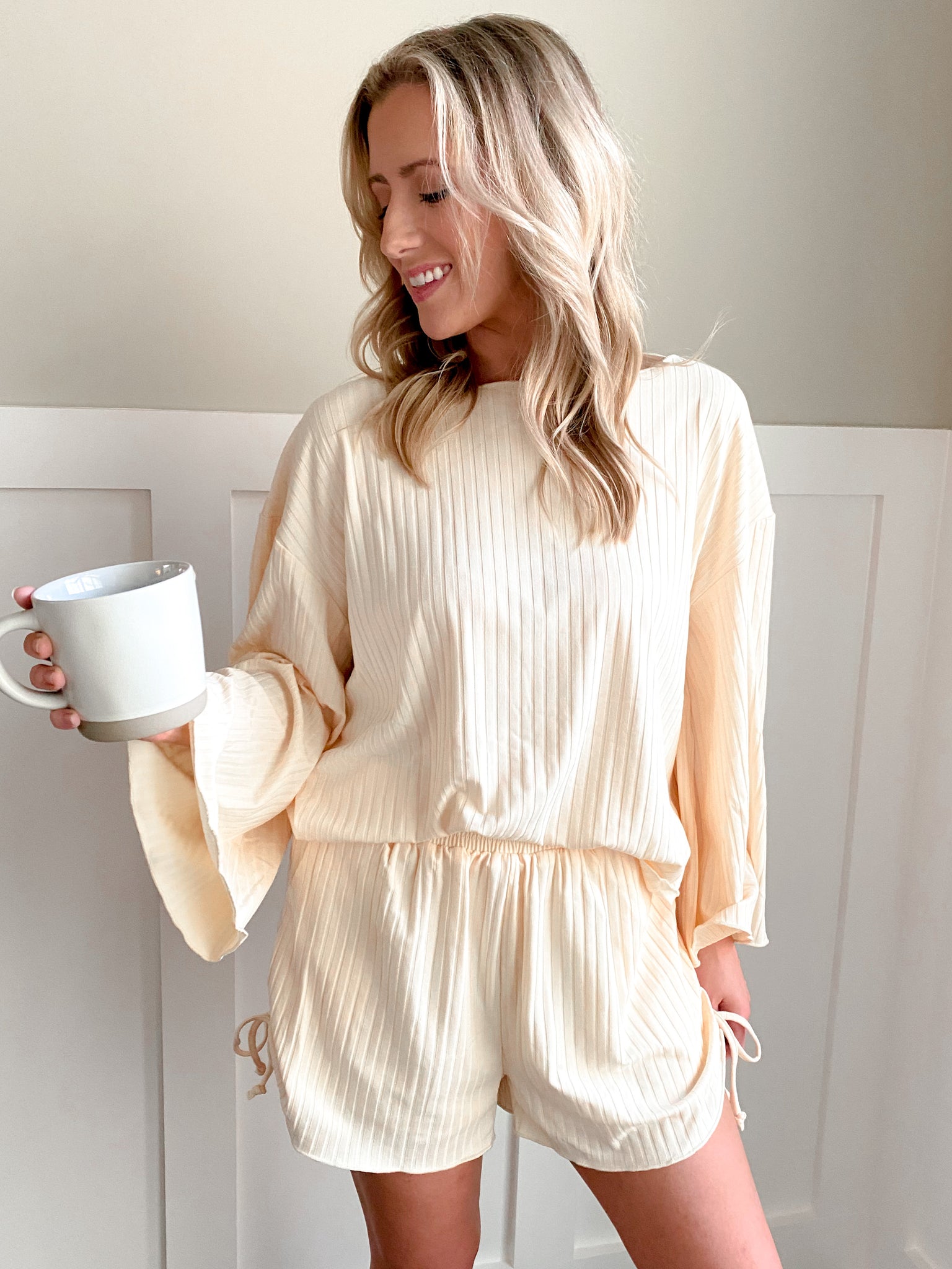 Women's Ribbed Long Sleeve Lounge Shirt Featuring a Boat Neckline and Bell Sleeves